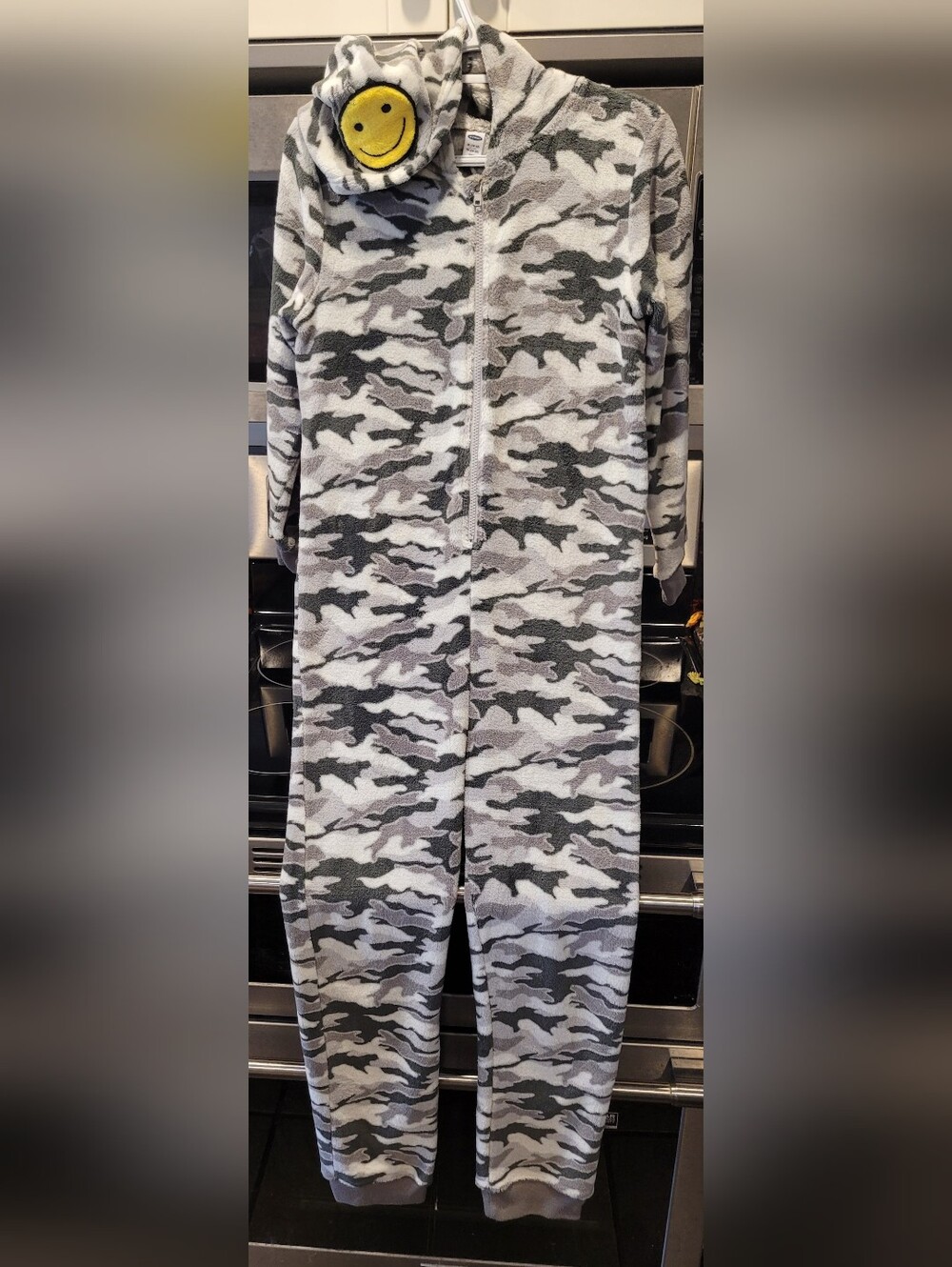 Old Navy Kids Gray & White Camo Fuzzy Hooded One-Piece Pajamas